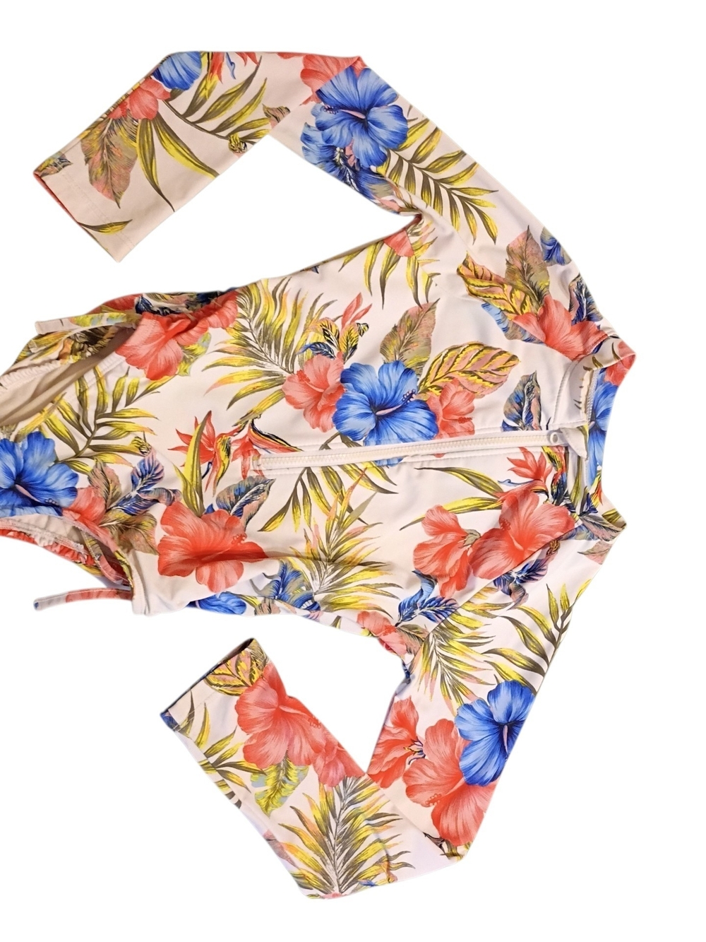 EUC 2/$10 Tropical Floral Long Sleeve Zip Front Swimsuit - Coral & Blue